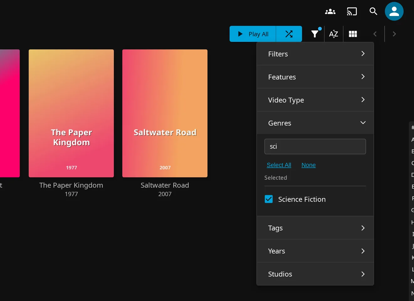 The Genres filter section searched for sci, with Science Fiction selected and the Select All and None buttons below the search box