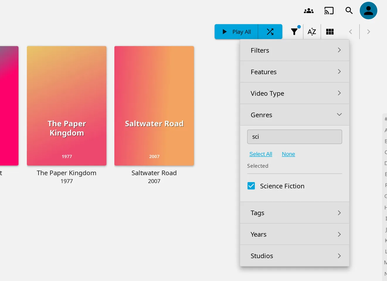 The Genres filter section searched for sci, with Science Fiction selected and the Select All and None buttons below the search box