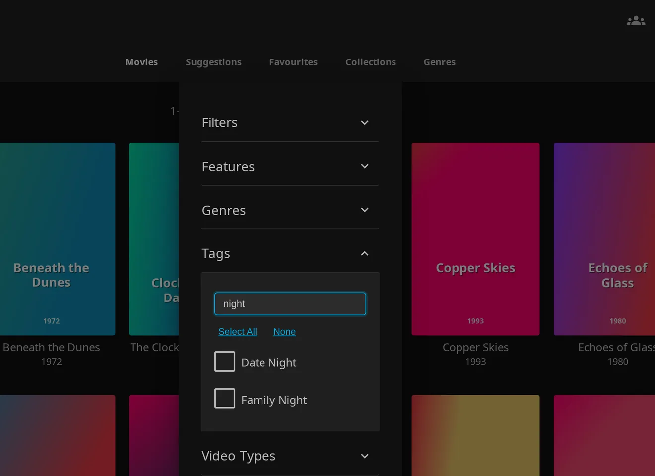The legacy Jellyfin filter dialog with the Tags section expanded, a Filter Search box and the Select All and None buttons