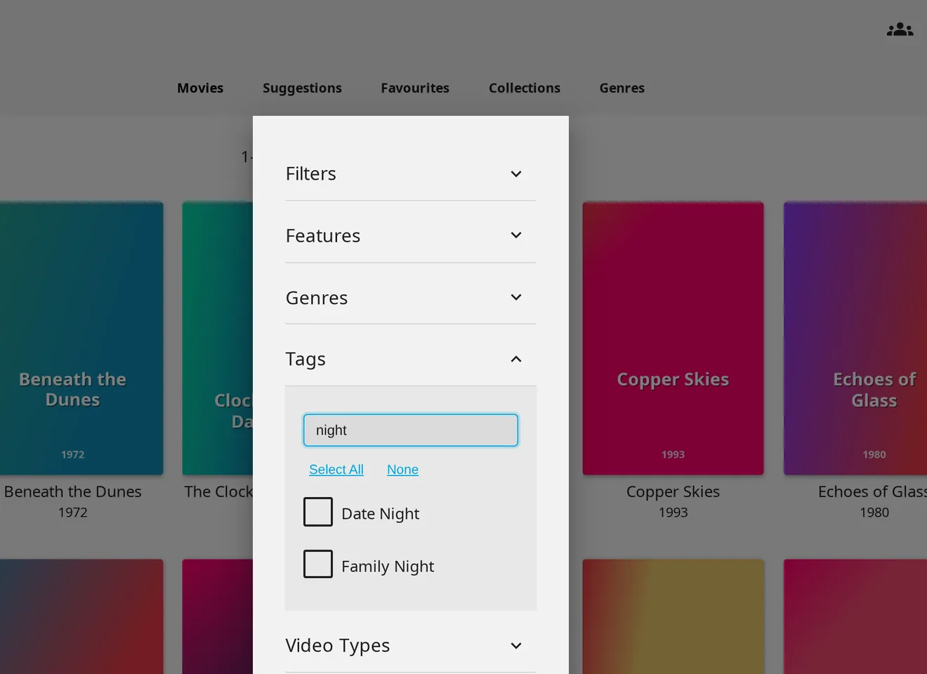 The legacy Jellyfin filter dialog with the Tags section expanded, a Filter Search box and the Select All and None buttons