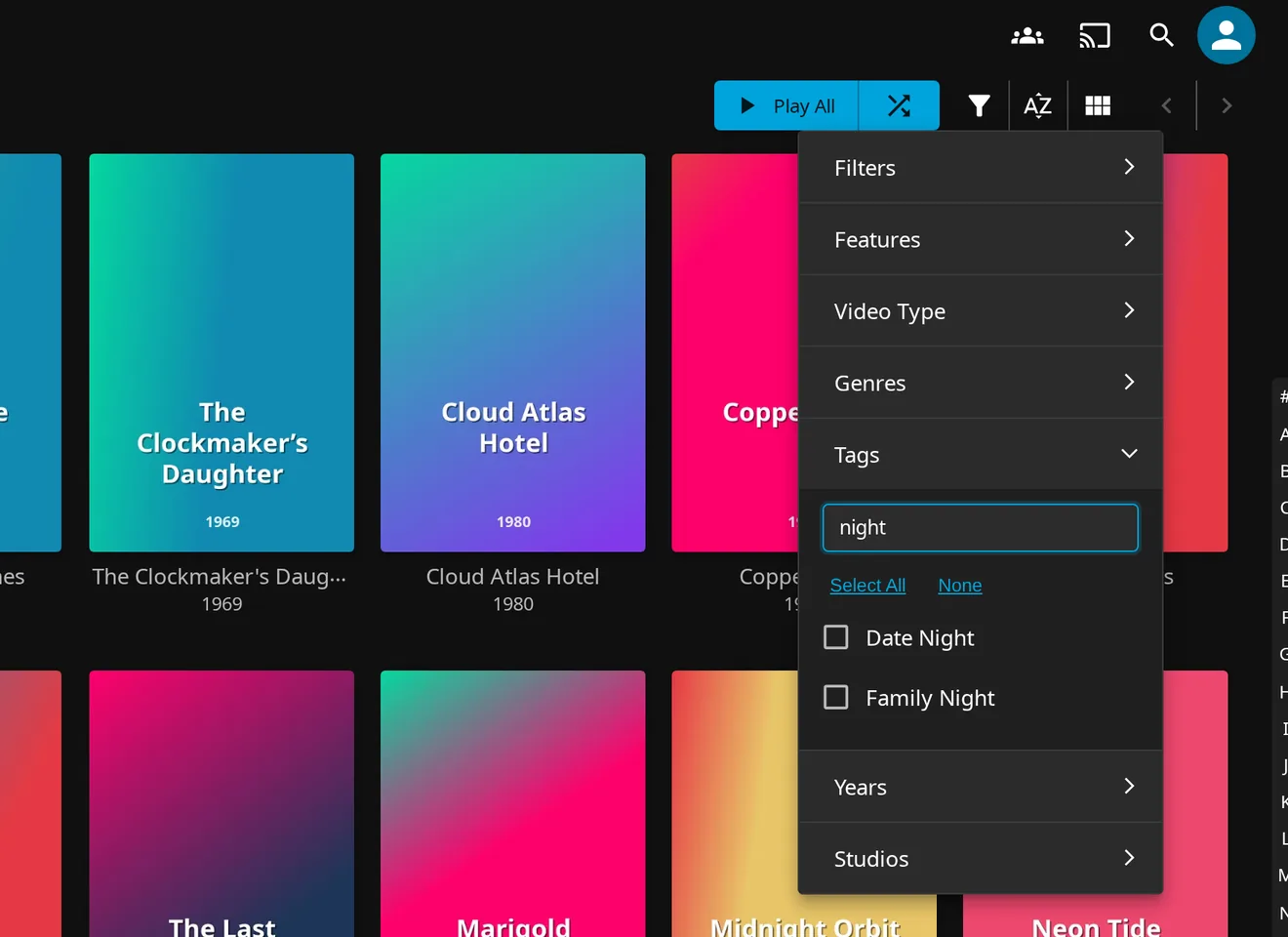 Jellyfin filter menu with the Tags section open, the Filter Search box containing the word night, and only Date Night and Family Night left in the list