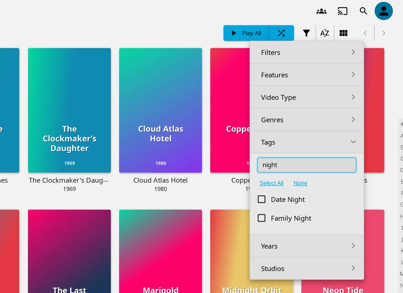 Jellyfin filter menu with the Tags section open, the Filter Search box containing the word night, and only Date Night and Family Night left in the list